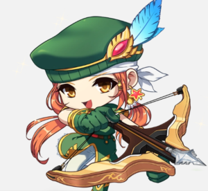 楓之谷弓箭手角色圖,紅髮女孩配戴綠色貝雷帽與羽毛,手持華麗弓箭,象徵高機動遠程職業。