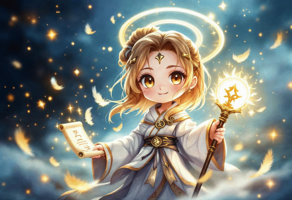 Q版僧侶風格的女法師角色,穿著白金僧袍手持聖杖,背景為柔光粒子,畫風可愛夢幻
