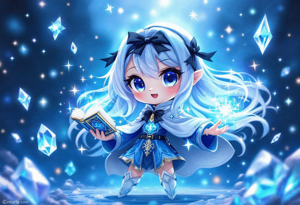 Q版冰系魔法少女角色,手持魔法書與雪花漂浮,畫風夢幻可愛,背景為冰藍魔法場景